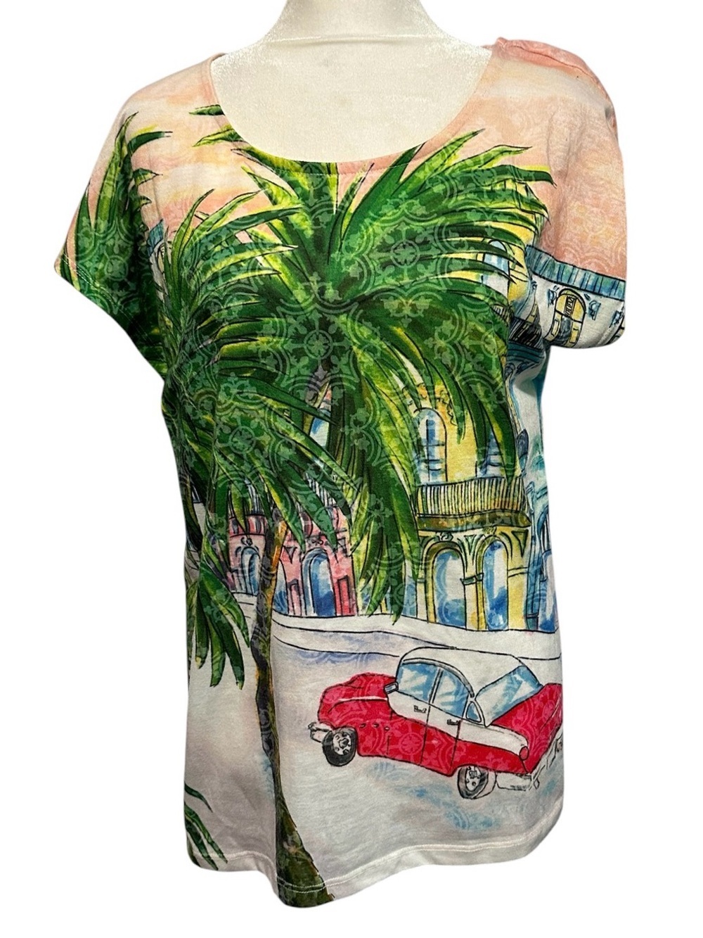 Coral Bay Tropical Palm & Classic Car Scoop Neck Top - Pink, Green, Red size L